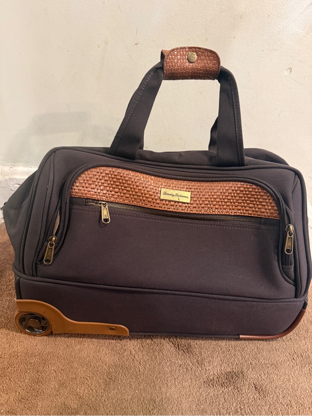 Tommy Bahama Dark Brown and Tan Rolling Travel Duffel